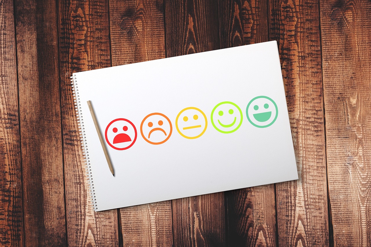 Five smiley face icons transitioning from a mad expression to a happy one, representing the change in feelings while working on paid survey side hustles